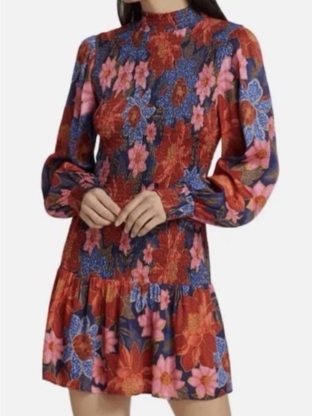 Farm Rio Garden Navy Mini Dress Floral Print Smocked Long Sleeve size S